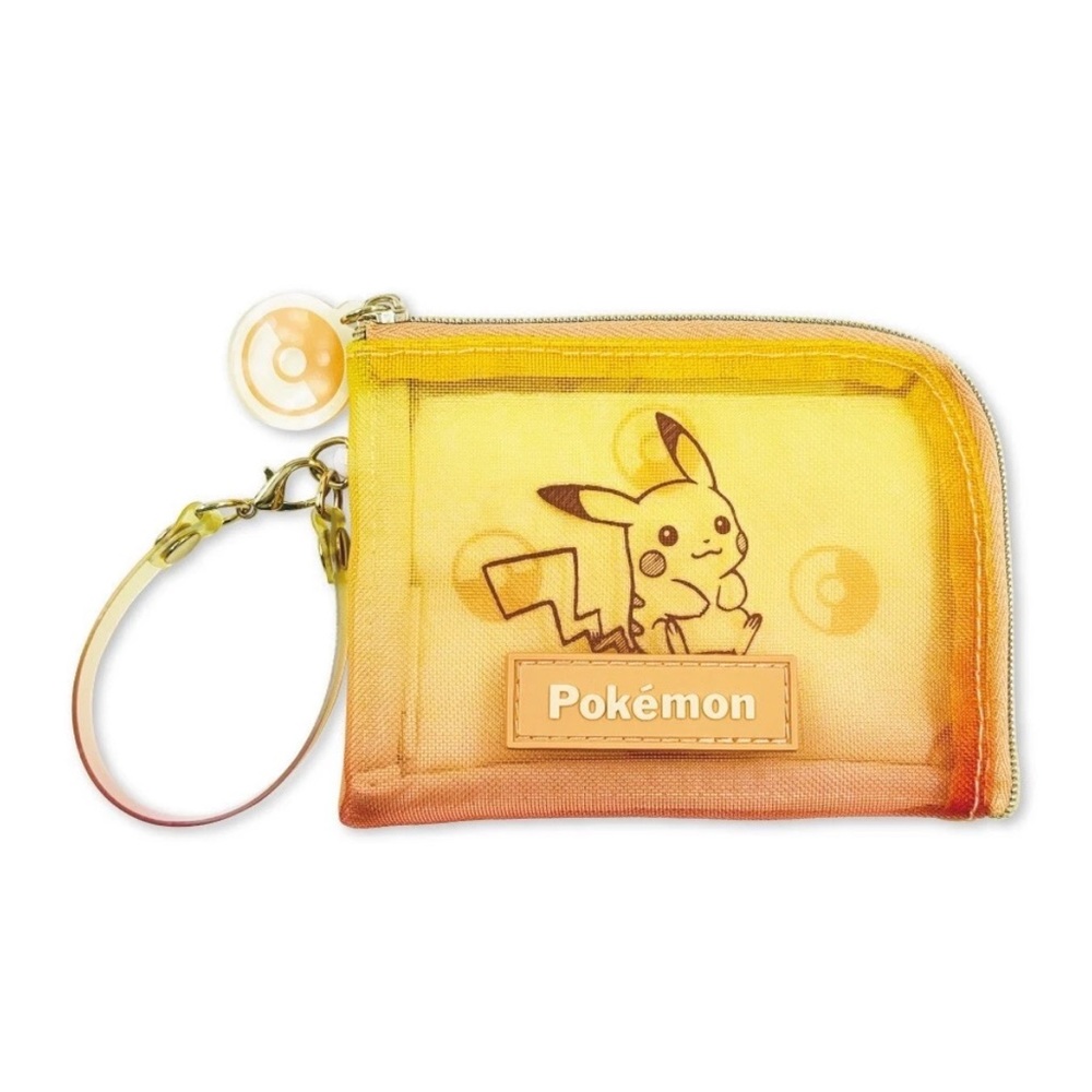 BNWT Japan Pokemon Center Pikachu  Mesh Zippered Coin Pouch Card Holder w reel